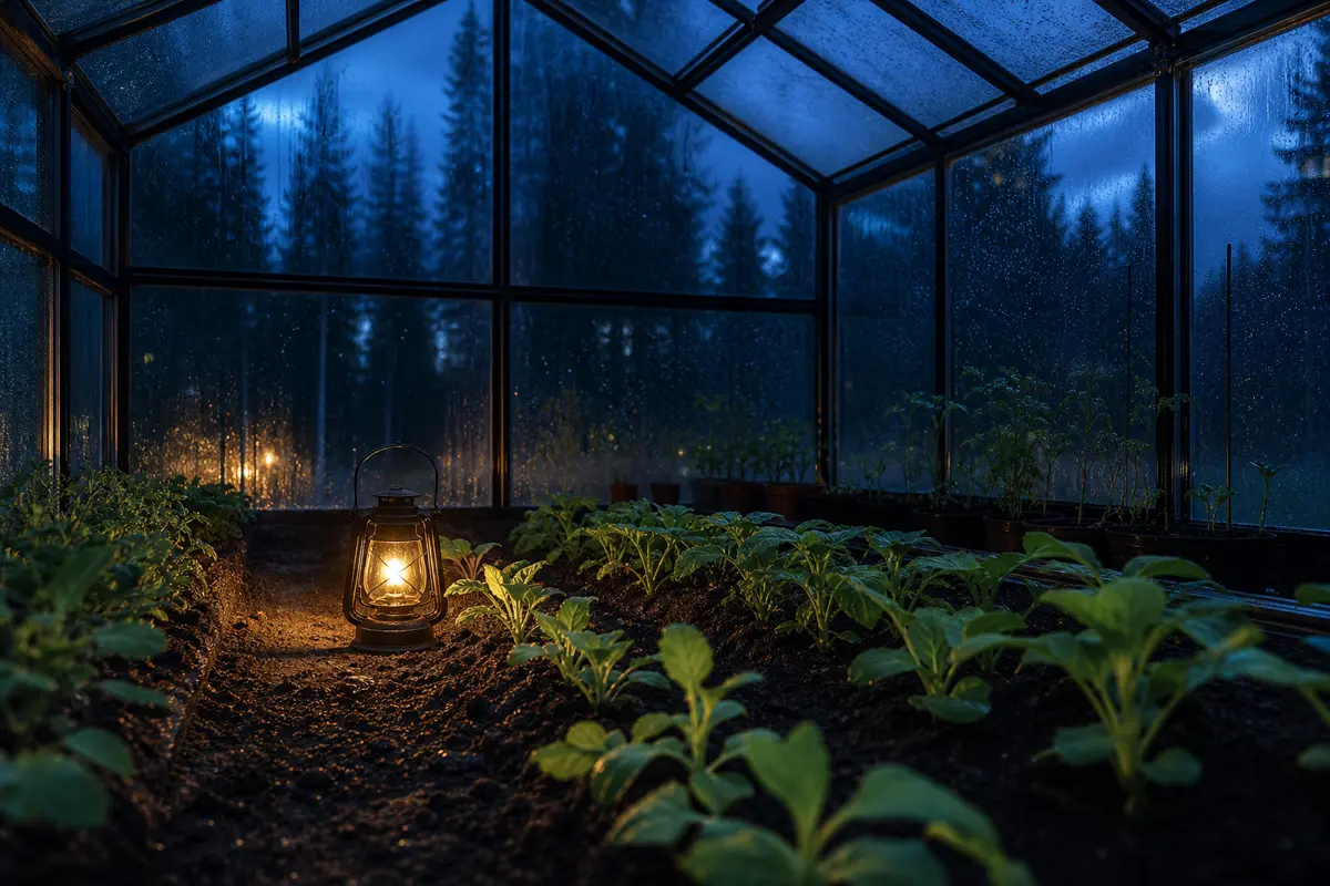 Växthus i norrländsk skymning med unga plantor och varmt arbetsljus