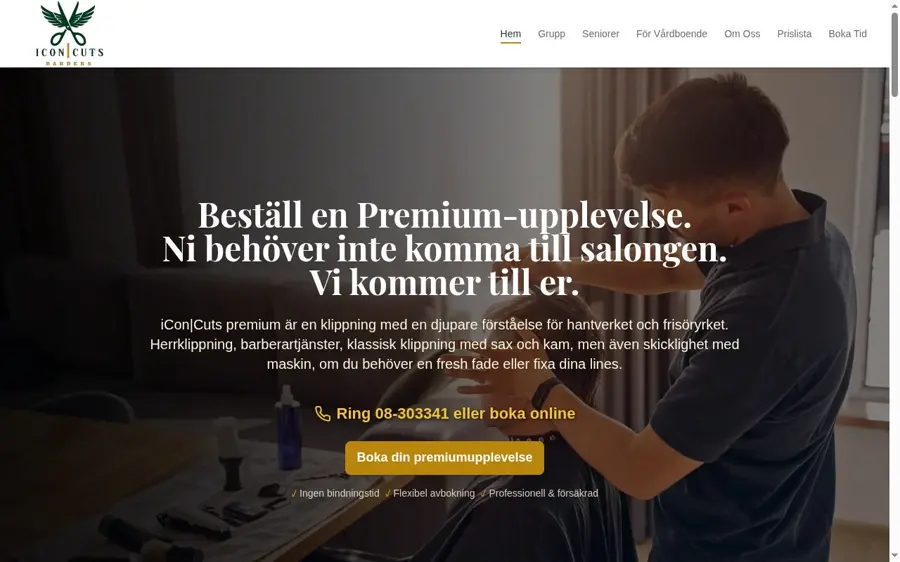 Skärmbild av iconcuts.se, mobil frisör