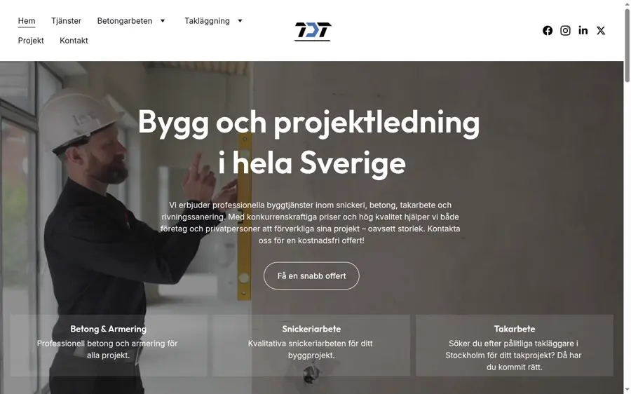 Skärmbild av tdtab.se, bygg och projektledning