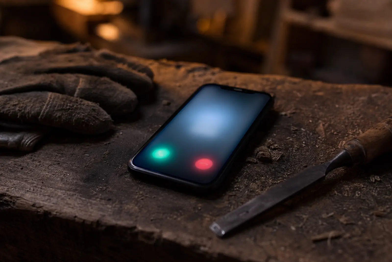 Telefon som ringer på en arbetsbänk bredvid arbetshandskar