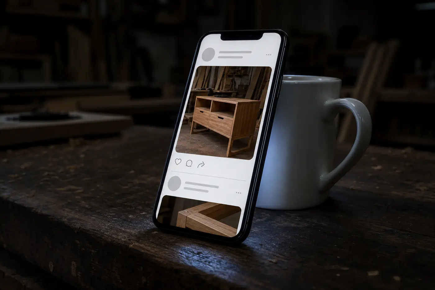 En telefon visar ett socialt flöde på arbetsbänken i en verkstad
