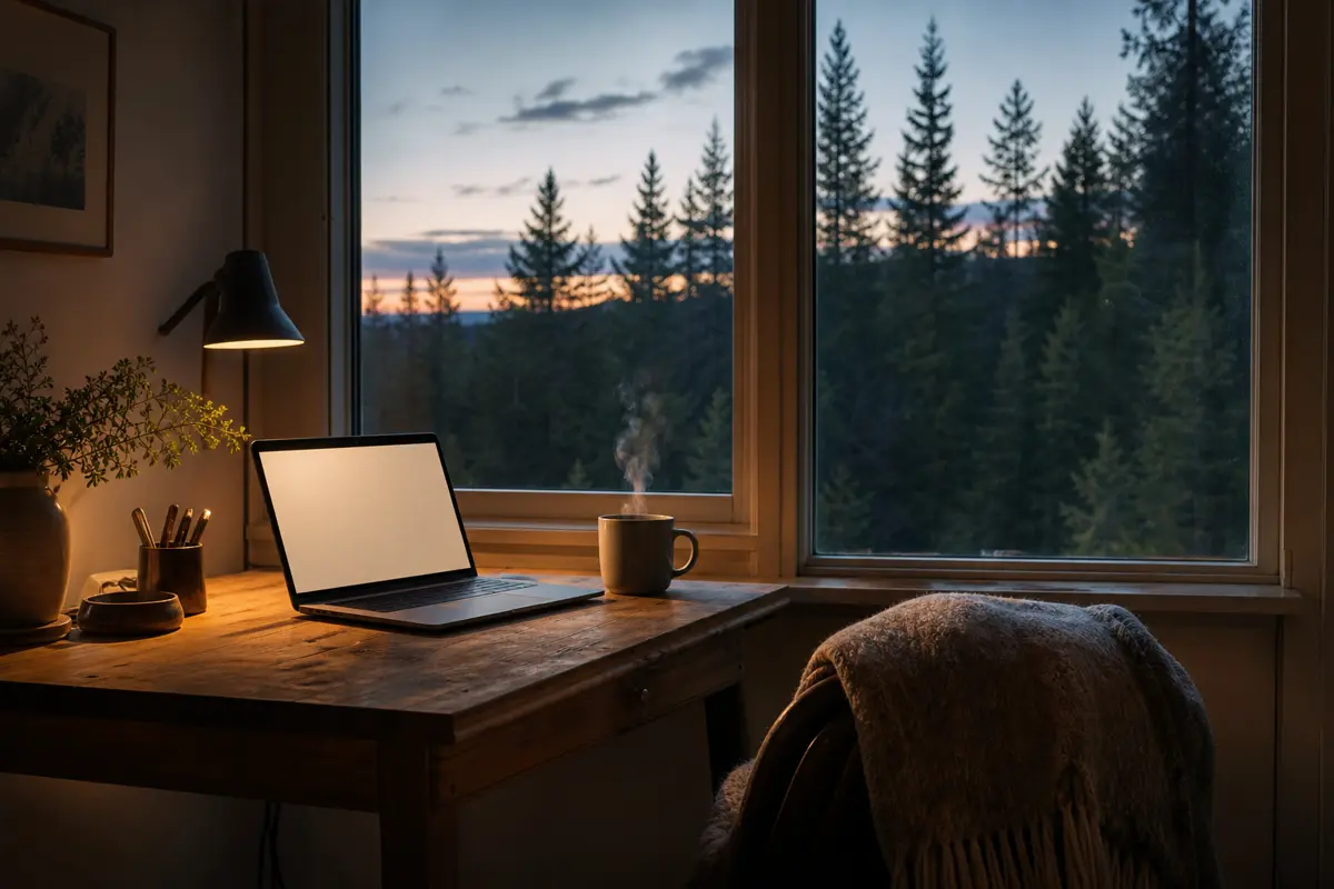 Skrivbord vid fönster i norrländsk kväll, laptop och kaffe, skog utanför